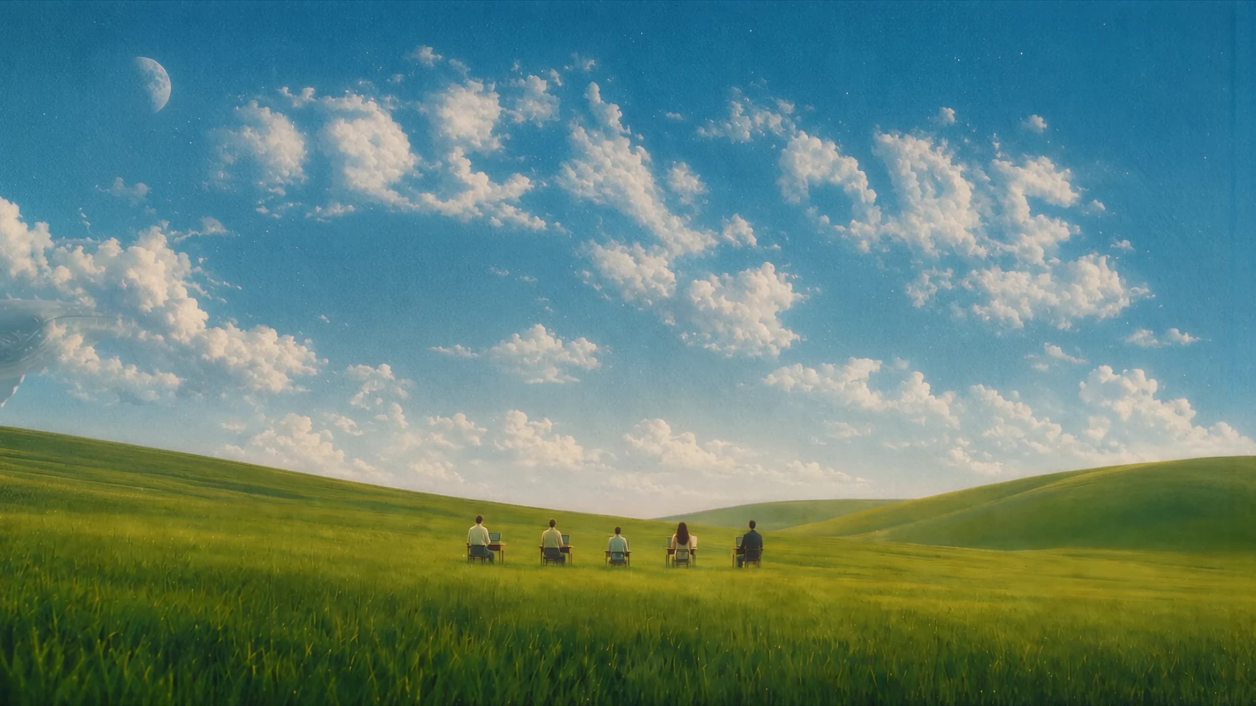 Five OpenCore teammates working at desks in a grassy field, under clouds that gather to spell OpenCore as whales drift past